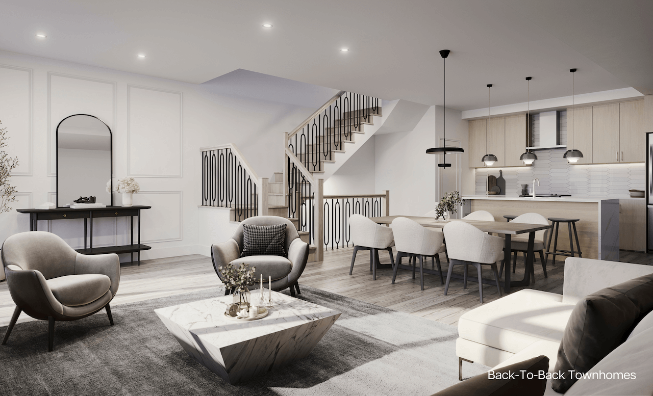 Rendering of Park & Main townhome interior open concept living room and dining
