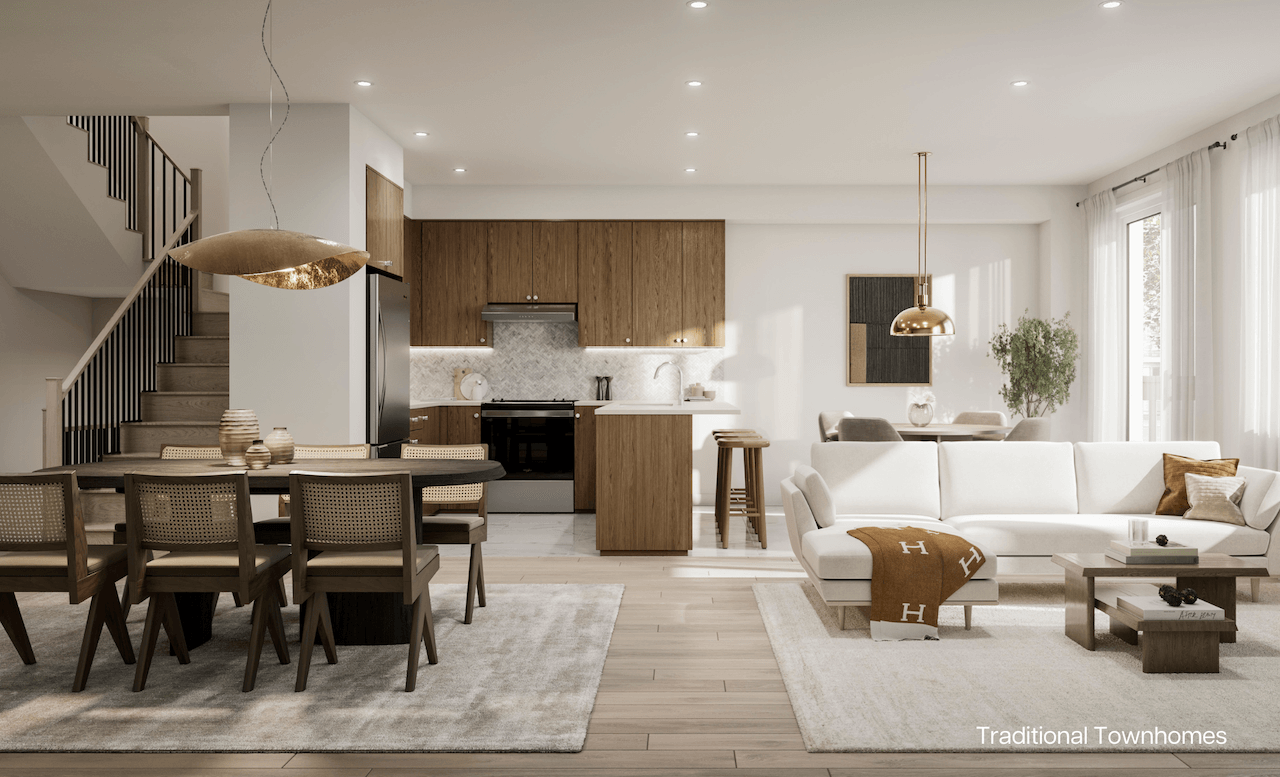Rendering of Park & Main townhome interior kitchen and dining area