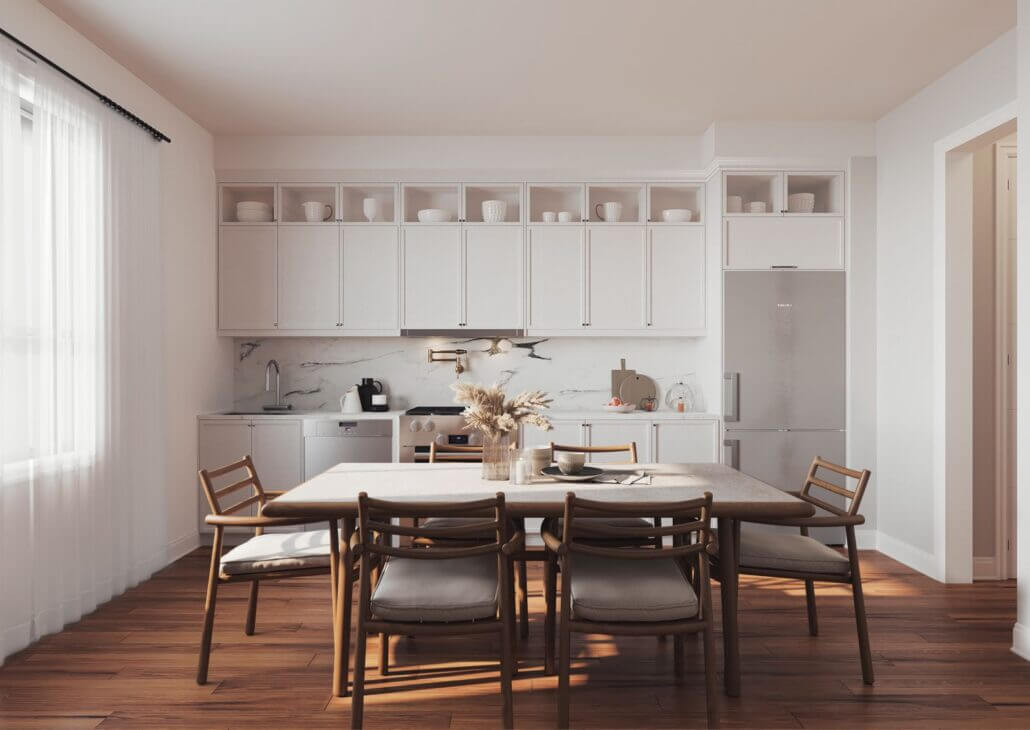 Rendering of Townhomes at Crosstown suite interior kitchen with dining space