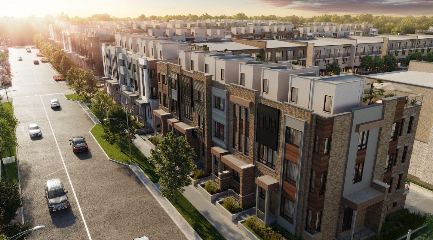 Rendering of Townhomes at Crosstown exterior angled aerial view at dusk