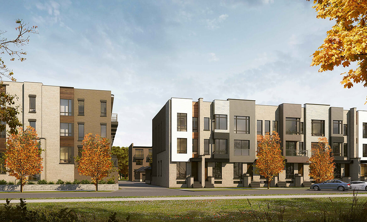 Rendering of Townhomes at Crosstown front facing exterior view