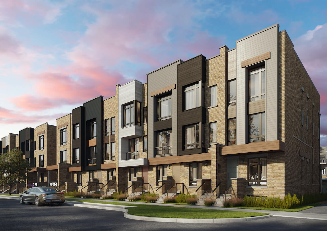 Rendering of Townhomes at Crosstown angled front facing exterior view