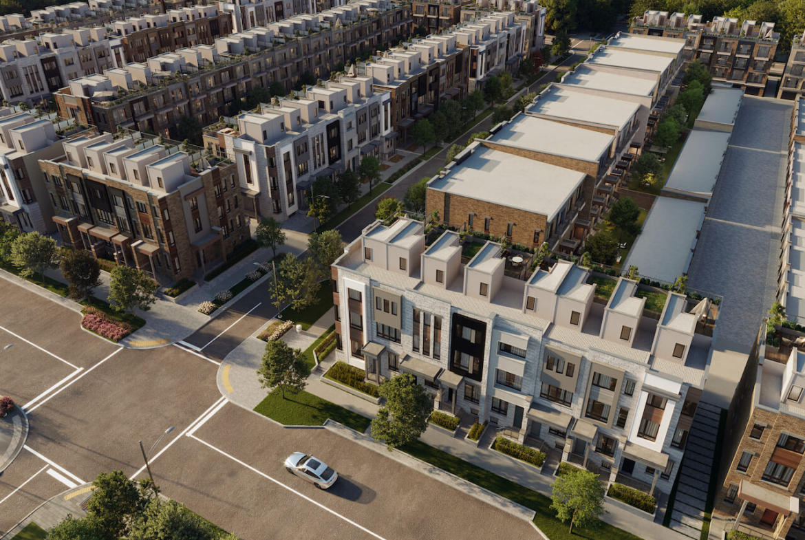 Rendering of Townhomes at Crosstown angled aerial view
