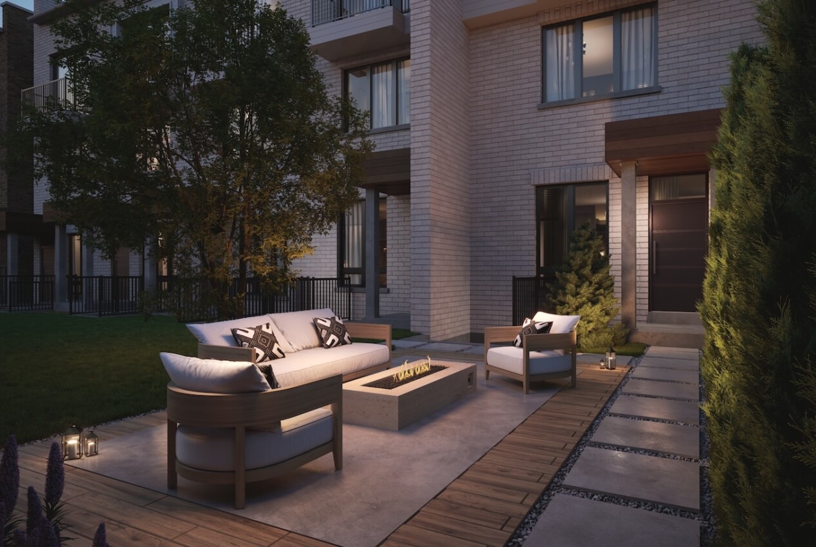Rendering of Townhomes at Crosstown suite exterior patio at night