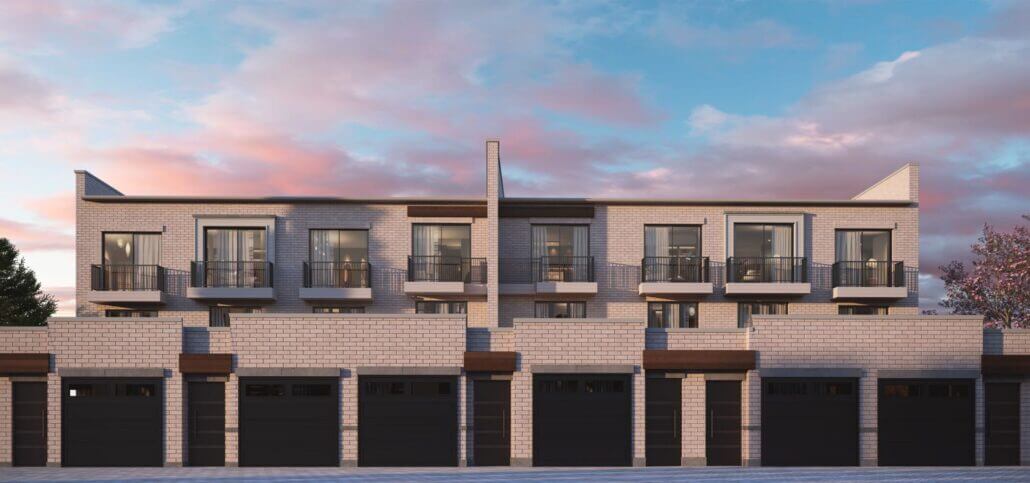 Rendering of Townhomes at Crosstown exteriors at dusk
