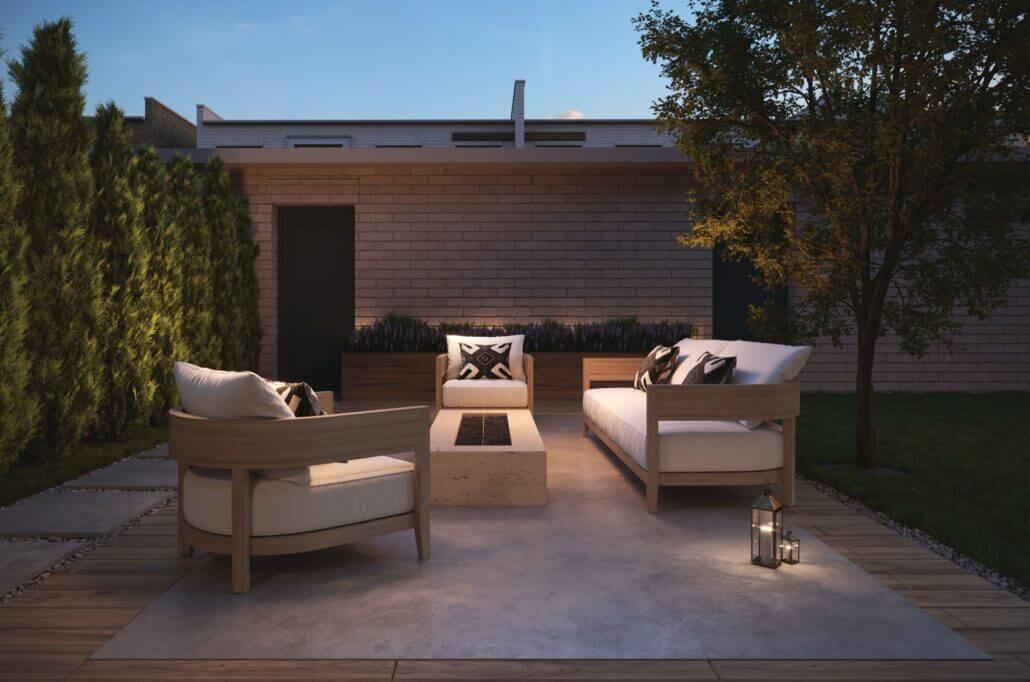 Rendering of Townhomes at Crosstown suite patio at night